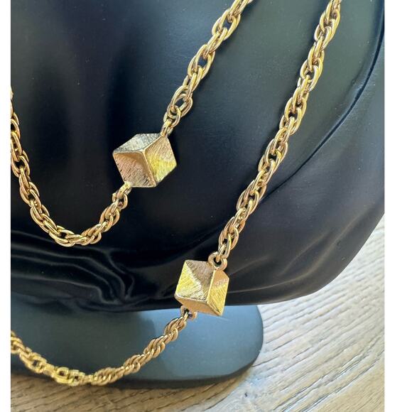 Monet Vintage Gold Tone Chain Station Necklace with Gold Cube Beads 26" - Picture 2 of 8